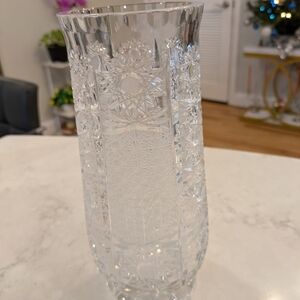 Vintage From 1950s Crystal Vase Queen Lace Design 10" x 3.5 In Diameter